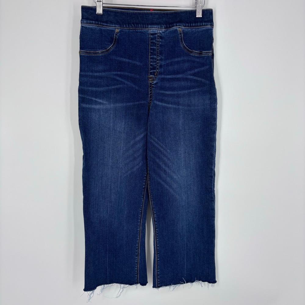 Spanx Cropped Flare Pull-On Denim Jeans Womens XL Blue Raw Hem Dark Wash